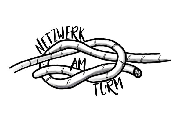 Logo des Netzwerks am Turm: Zwei Seile, die in der Mitte miteinander verknotet sind.